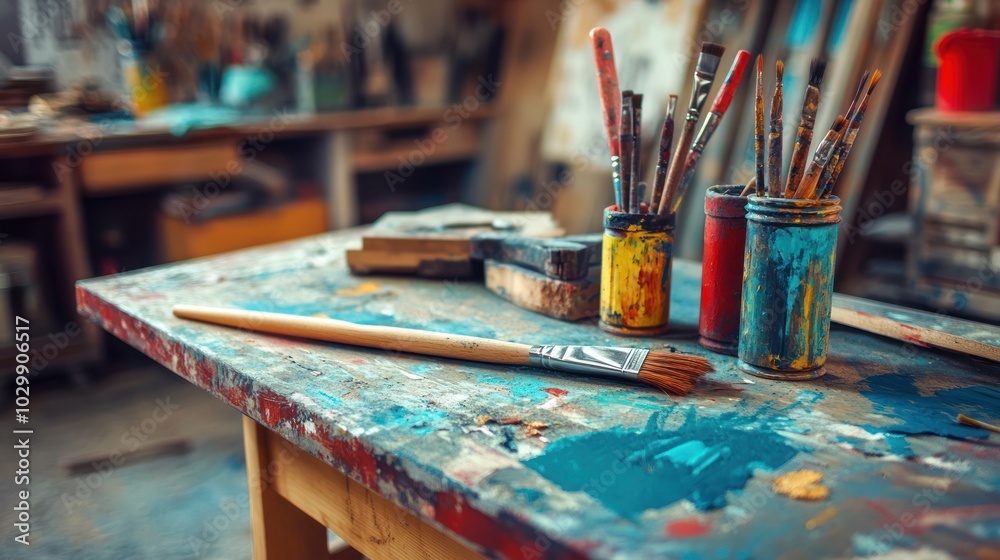 Paintbrushes on a Wooden Table Paintbrushes on a Wooden Table