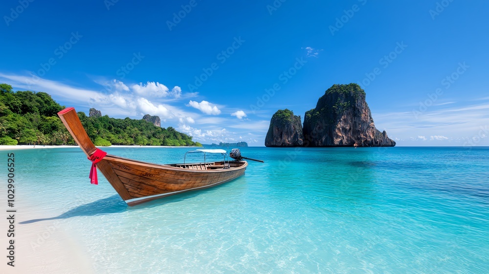 A traditional boat on a tropical beach with clear blue water and lush green hills.
