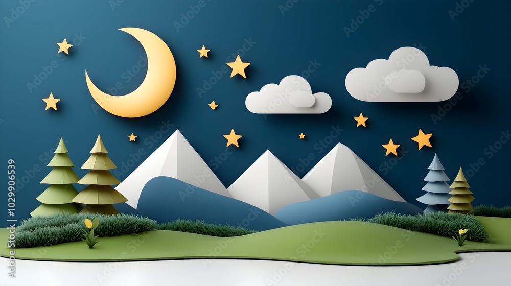 Tranquil Papercut Night Sky with Glimmering Stars and Moon Monochromatic Cosmic Paperscape Representing Serenity and Imagination Tranquil Papercut Night Sky with Glimmering Stars and Moon Monochromatic Cosmic Paperscape Representing Serenity and Imagination