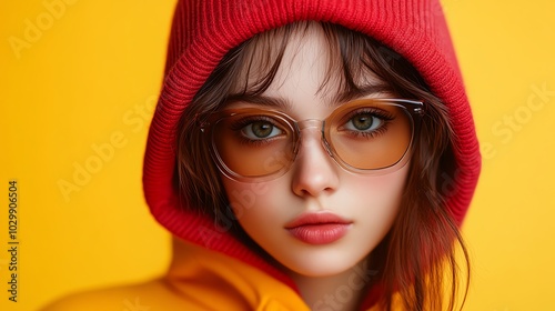 A stylish girl in a bright hoodie against a vivid yellow background. photo