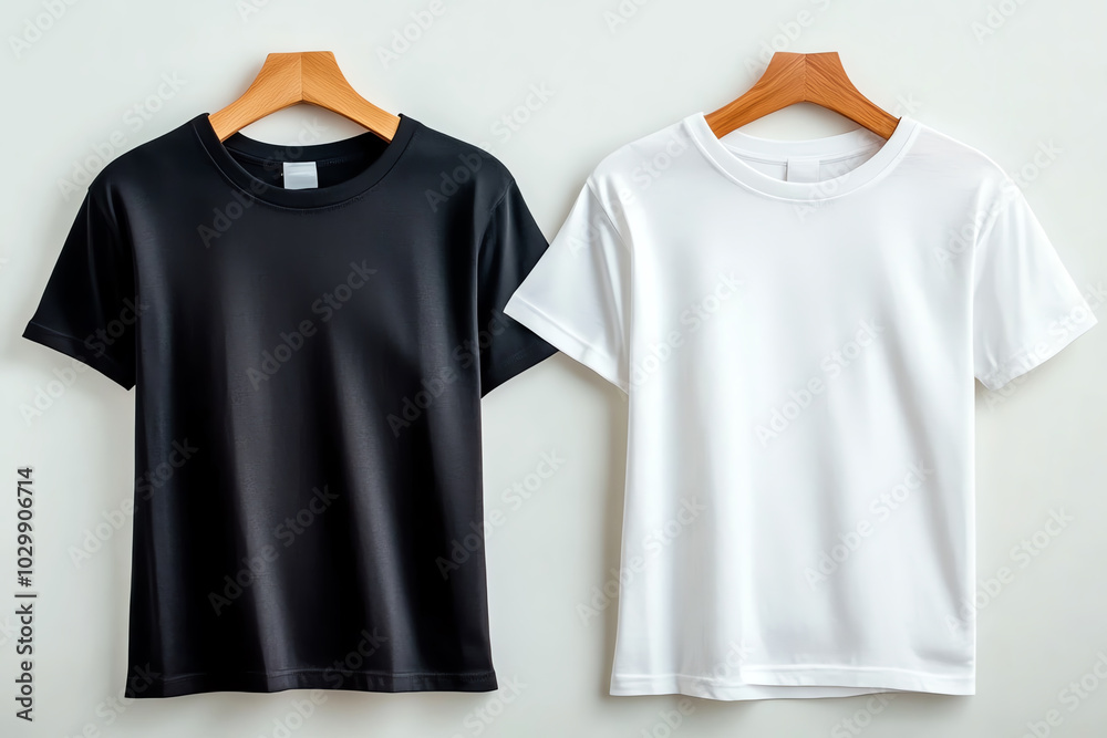 Black and white t-shirts on wooden hangers, simple and stylish display. Black and white t-shirts on wooden hangers, simple and stylish display.