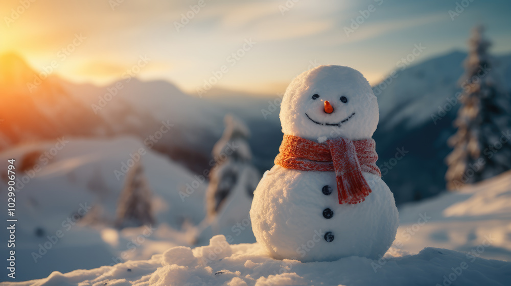 Obraz premium generated illustration of funny snowman on a snowy mountain