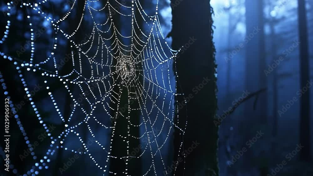 Close-up of a spider web with dew drops, backlit by moonlight, spanning between dark trees Close-up of a spider web with dew drops, backlit by moonlight, spanning between dark trees