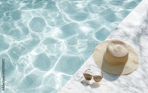 A chic, minimalistic fashion aesthetic setup with sunglasses and a straw hat resting beside a marble pool