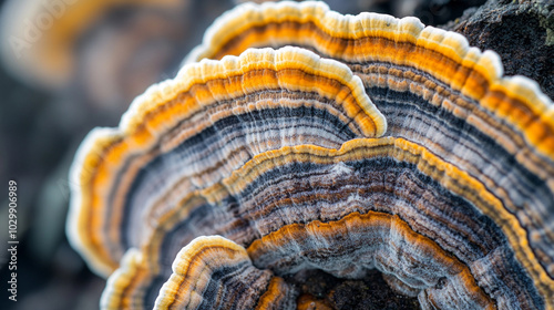 Colorful mushroom growth on tree bark in a forest setting during early morning light