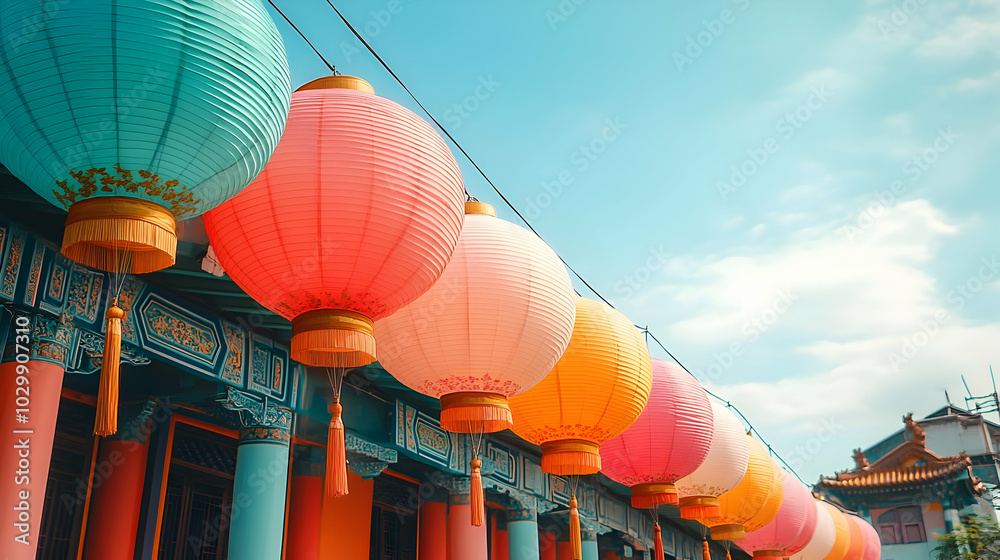 Obraz premium Colorful Lanterns Hanging From Rooftops - Illustration