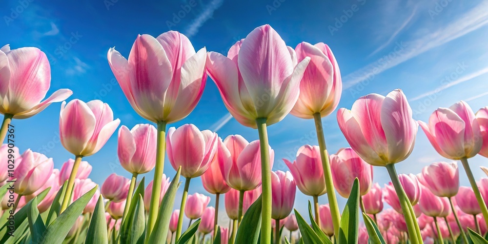 Fototapeta premium Soft pink tulips against clear blue sky conveying spring freshness and natural elegance in bloom
