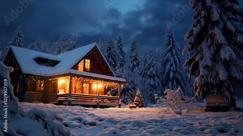 generated illustration of a cozy winter scene with a wooden cabin in the snow.