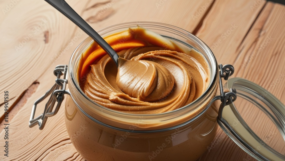 A spoon dipped into an open jar of peanut butter, highlighting the smooth and creamy consistency A spoon dipped into an open jar of peanut butter, highlighting the smooth and creamy consistency