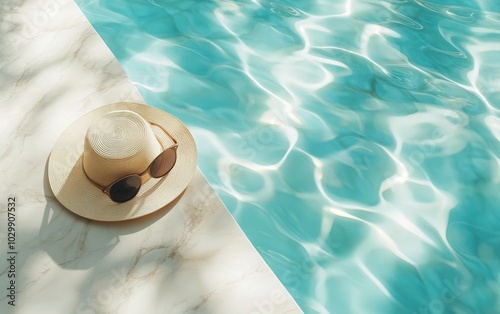 A minimalistic fashion aesthetic scene with sunglasses and a straw hat placed beside a marble swimming pool