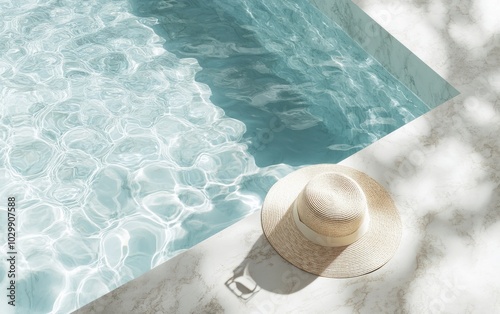 A simple, elegant fashion aesthetic scene with a straw hat and sunglasses beside a marble swimming pool photo