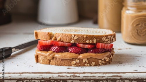 Open peanut butter and strawberry jelly sandwich on oat bread over a white rustic table photo