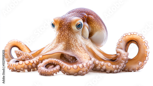 Curious octopus exploring its environment in vibrant colors against a white background