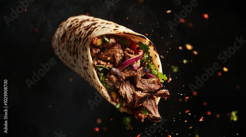 Deliciously wrapped beef burrito with fresh vegetables and herbs on a dark background