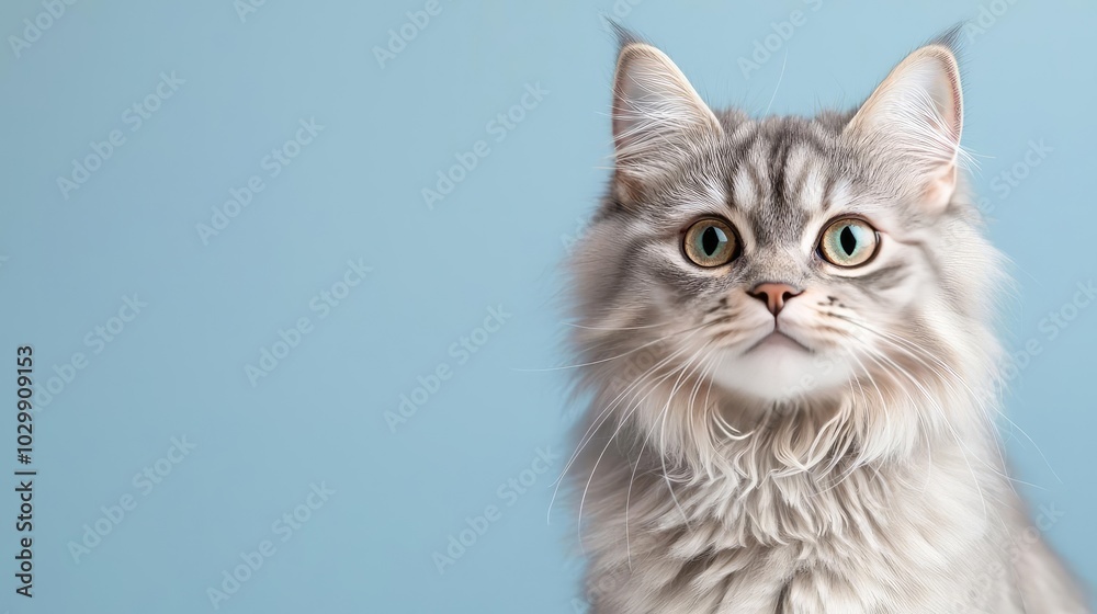 Fluffy gray cat with striking green eyes on a blue background. Fluffy gray cat with striking green eyes on a blue background.