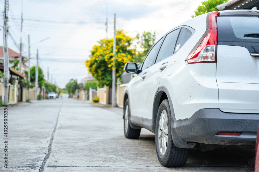 close up car on street automotive roadtrip on sunset background for transport, travel of nature to vehicle auto landscape light the sun for travel journey trip summer and lifestyle