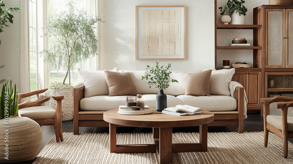 Fototapeta premium A modern farmhouse style living room with a wood sofa
