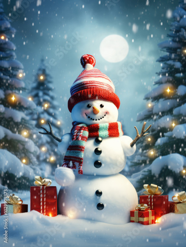 generated illustration of happy snowman with Christmas tree in snowy scene minimalist