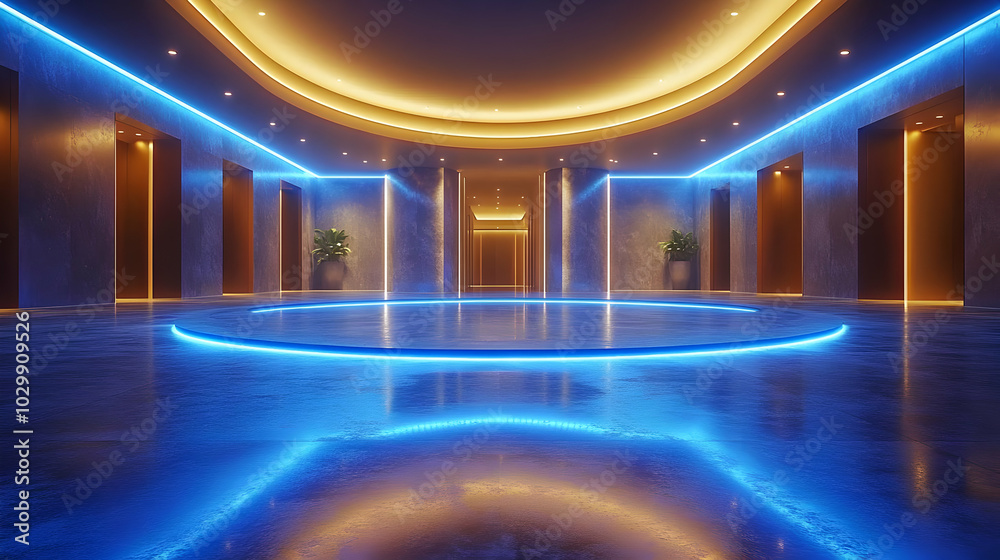 Obraz premium 3D Neon Blue Lighting Circular Stage Design