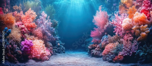 Underwater scene with vibrant coral reefs and a pathway leading to a bright light.