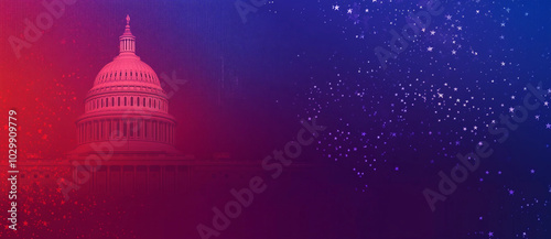 A capitol building at left graphic with red, white, and blue stars election political wallpaper room for copy text background