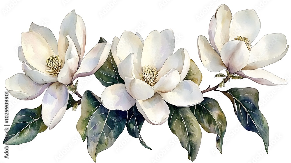 White Magnolia Blossoms in Watercolor Style White Magnolia Blossoms in Watercolor Style