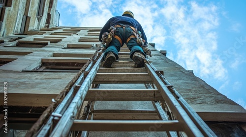Construction Worker Climbing Ladder