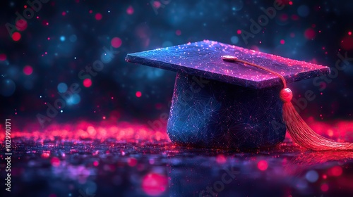 A graduation cap in low poly illustration against a dark background.