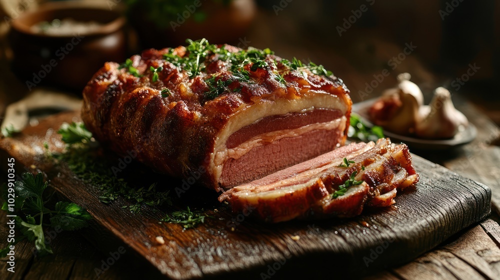 Delicious Bacon-Wrapped Roast on Rustic Wooden Board Delicious Bacon-Wrapped Roast on Rustic Wooden Board