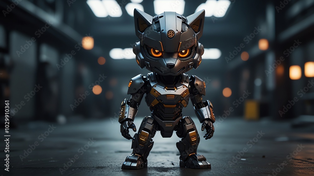 a robot with orange eyes and black eyes stands in a dark room. a robot with orange eyes and black eyes stands in a dark room.