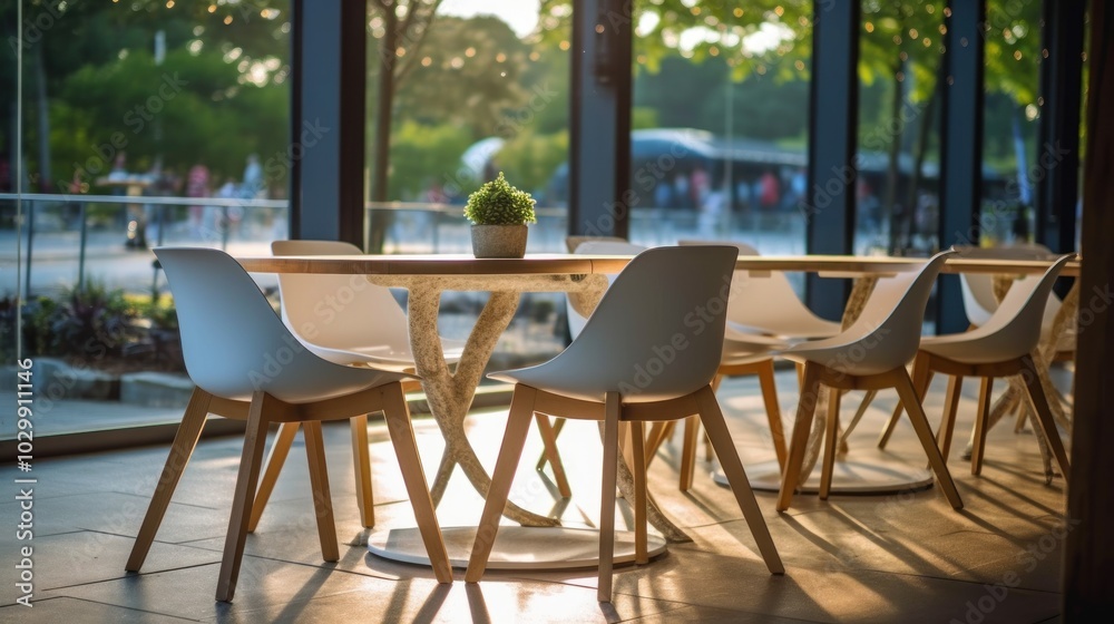 Modern cafe interior with wooden table and chairs Modern cafe interior with wooden table and chairs