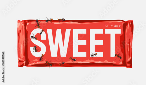 sweet chocolate bar and red ants vector illustration