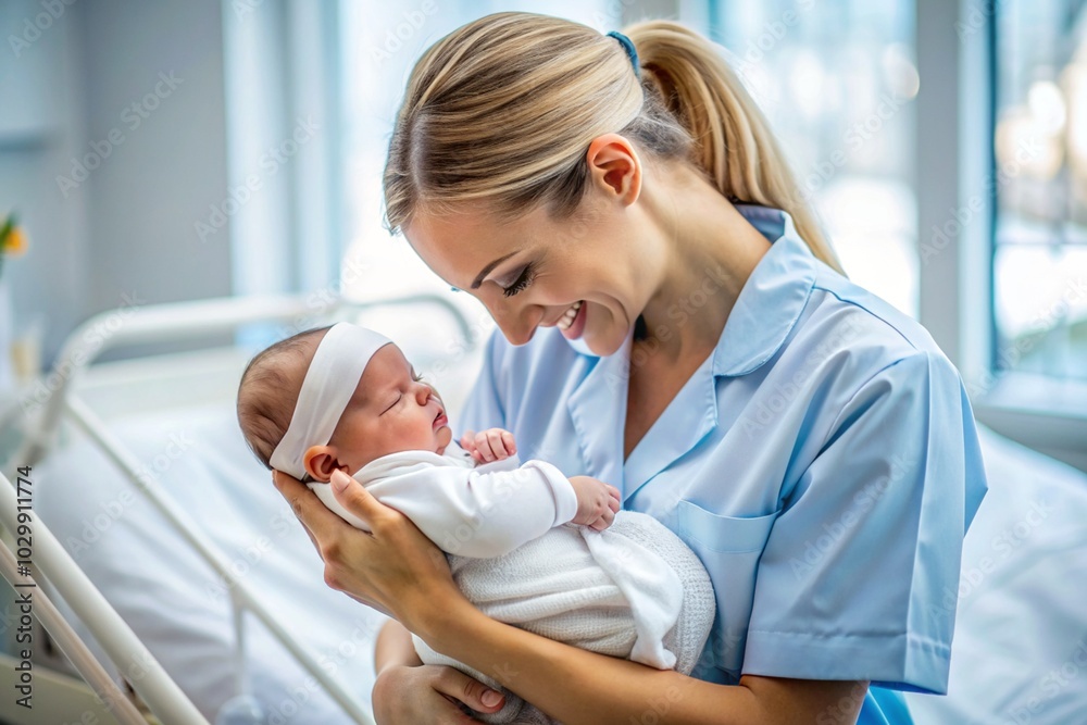 A nurse is holding a baby in her arms A nurse is holding a baby in her arms