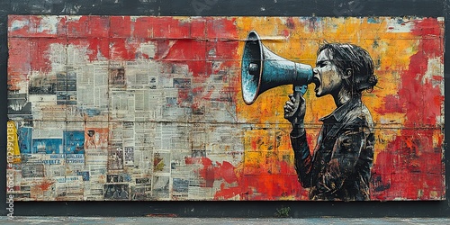A graffiti collage with grunge newspapers and painting features an iconic woman screaming into a megaphone, symbolizing a revolution for rights and equality in street art.