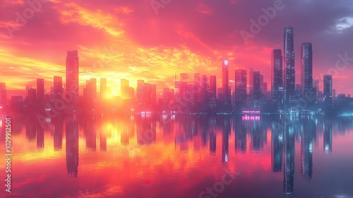 A graphic depiction of futuristic skyscrapers in a smart city financial district, showcasing innovative architecture and reflections.