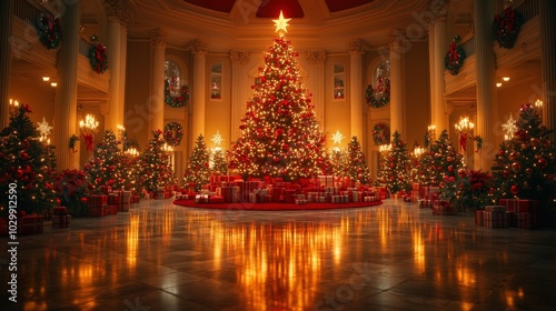 A magical Christmas tree surrounded by glowing decorations and gifts in a grand festive hall