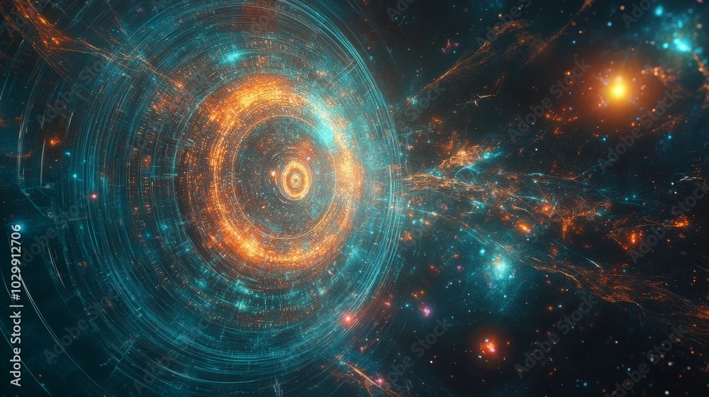 Fototapeta premium A digital interface where religion and science are explored through interactive discussions and multimedia,