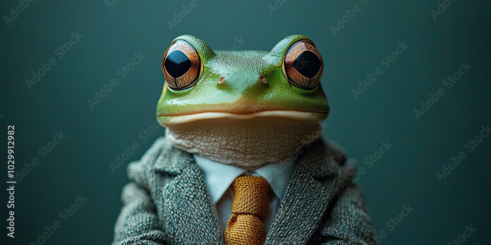 A green frog in a modern, elegant suit with a stylish tie poses for a fashion portrait, showcasing a charismatic human-like demeanor. A green frog in a modern, elegant suit with a stylish tie poses for a fashion portrait, showcasing a charismatic human-like demeanor.