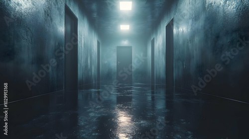Dark and Moody 3D Hallway with Doors