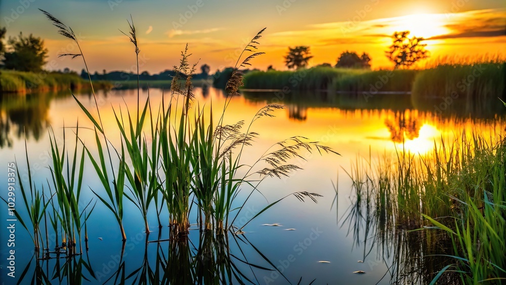 Silhouette of grass and vegetation in a pond during August Silhouette of grass and vegetation in a pond during August