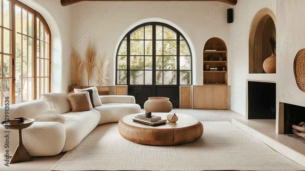 A modern boho inspired living room with arched windows A modern boho inspired living room with arched windows
