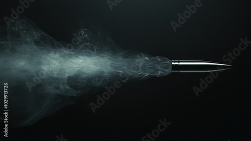 A sleek bullet piercing through the darkness, surrounded by wisps of smoke in a dim environment photo