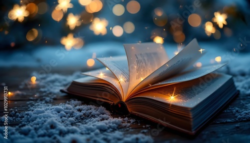 Christmas Magic with Open Book and Snow in Warm Festive Lights Glow photo