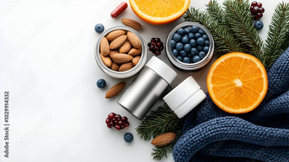 Cozy Wellness Setup with Flu Season Essentials Like Vitamins Herbal Teas and Warm Scarf Top View Showcasing Cold Season and Health Concept in Sci Fi Tetradic Color Scheme Cozy Wellness Setup with Flu Season Essentials Like Vitamins Herbal Teas and Warm Scarf Top View Showcasing Cold Season and Health Concept in Sci Fi Tetradic Color Scheme