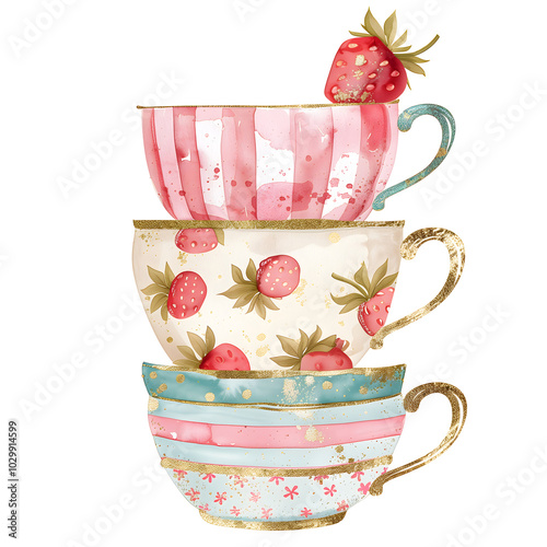 Cute simple hand drawn illustration of stacked vintage tea or coffee cups. Easy watercolor drawing, aquarelle still life in playful coquette style. Isolated clip art design element