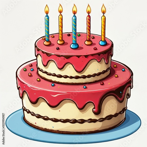 Colorful two-tier birthday cake with lit candles and sprinkles