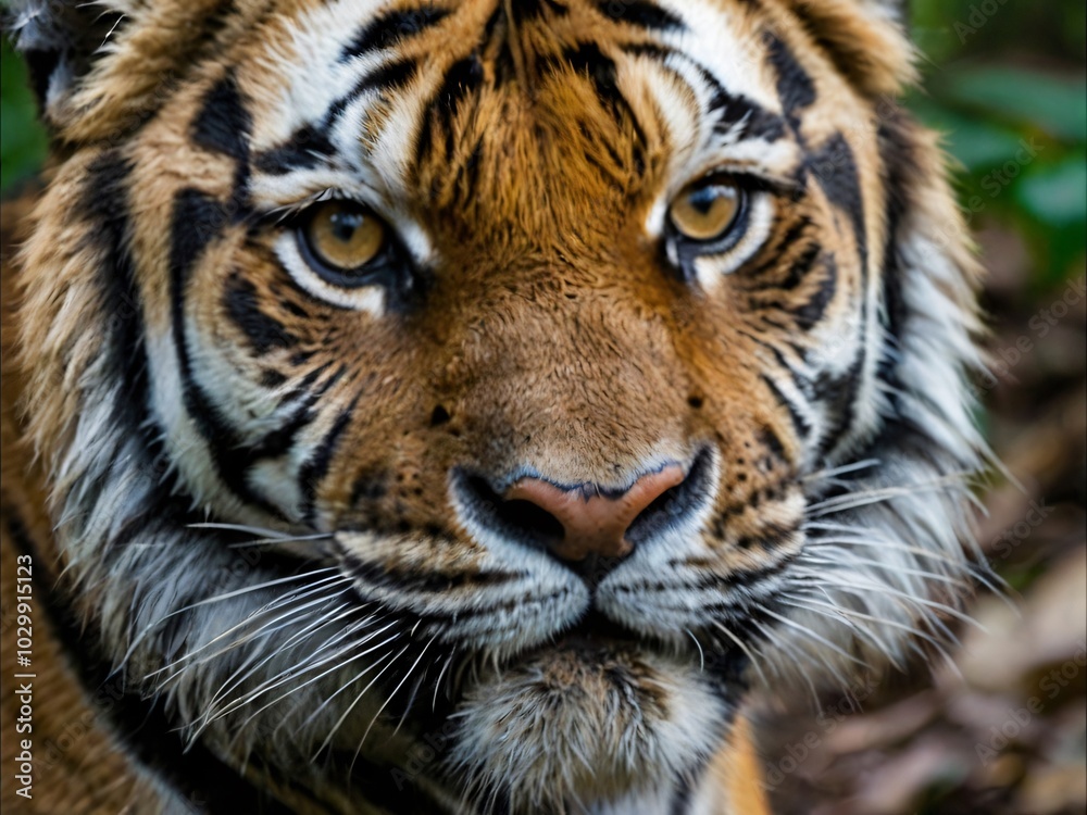 Naklejka premium Closeup of a tiger face in the forest