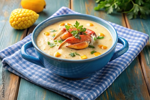 Soup served in blue and white crockery