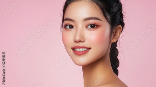 An Asian woman poses with impeccable skin against a pastel pink backdrop, reflecting skincare excellence and elegance in a commercial context.