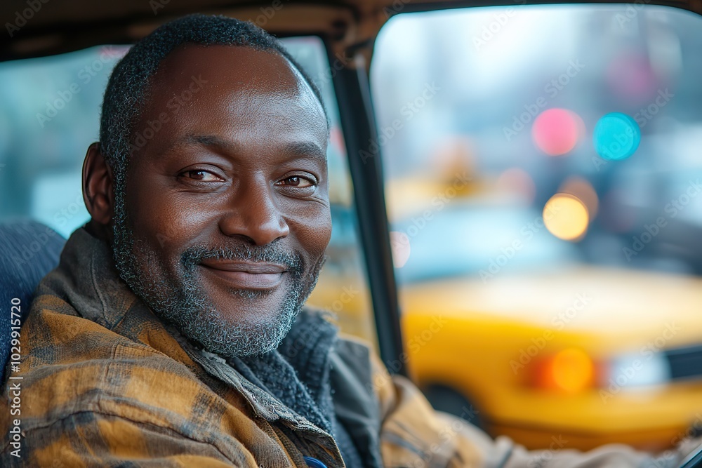 A happy man enjoys his time in a taxi, showcasing a pleasant moment. A happy man enjoys his time in a taxi, showcasing a pleasant moment.